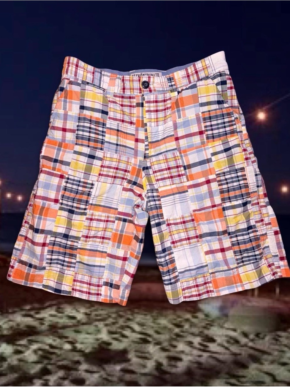 Ecko Unlimited Y2K Men's Plaid Patchwork Shorts in Orange, Yellow, Navy, White